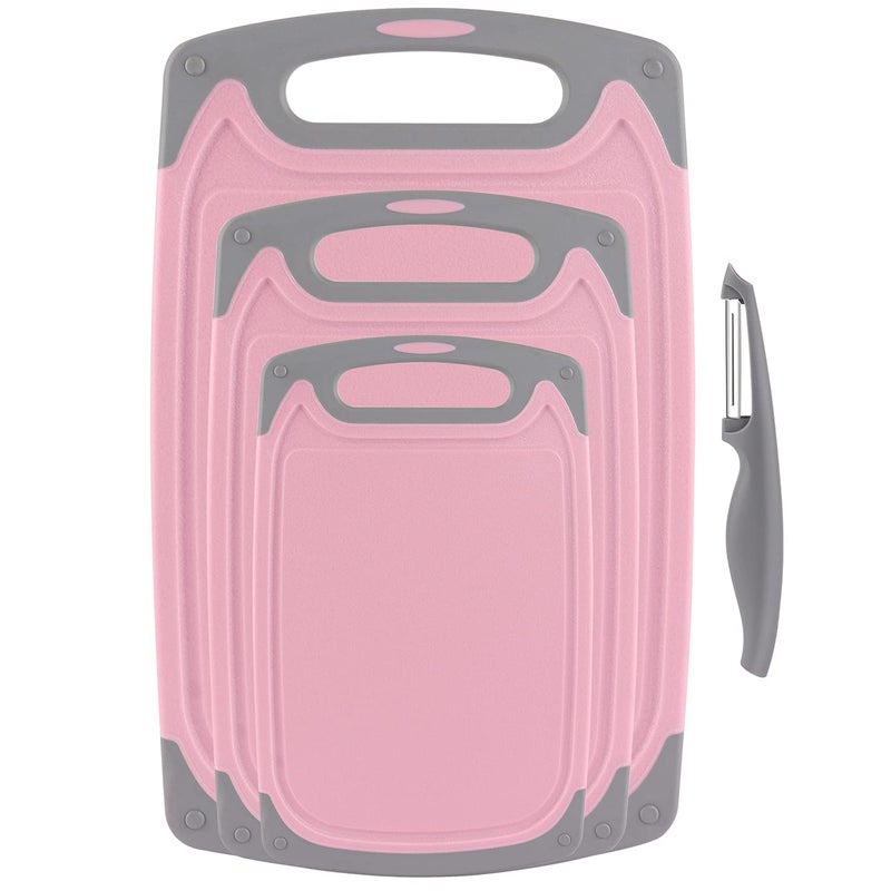 Rottogoon Cutting Boards for Kitchen, Plastic Chopping Board Set of 4 with Non-Slip Feet and Deep Drip Juice Groove, Easy Grip Handle, Dishwasher Safe, BPA Free, Non-porous(Pink/Gray) - Image 1